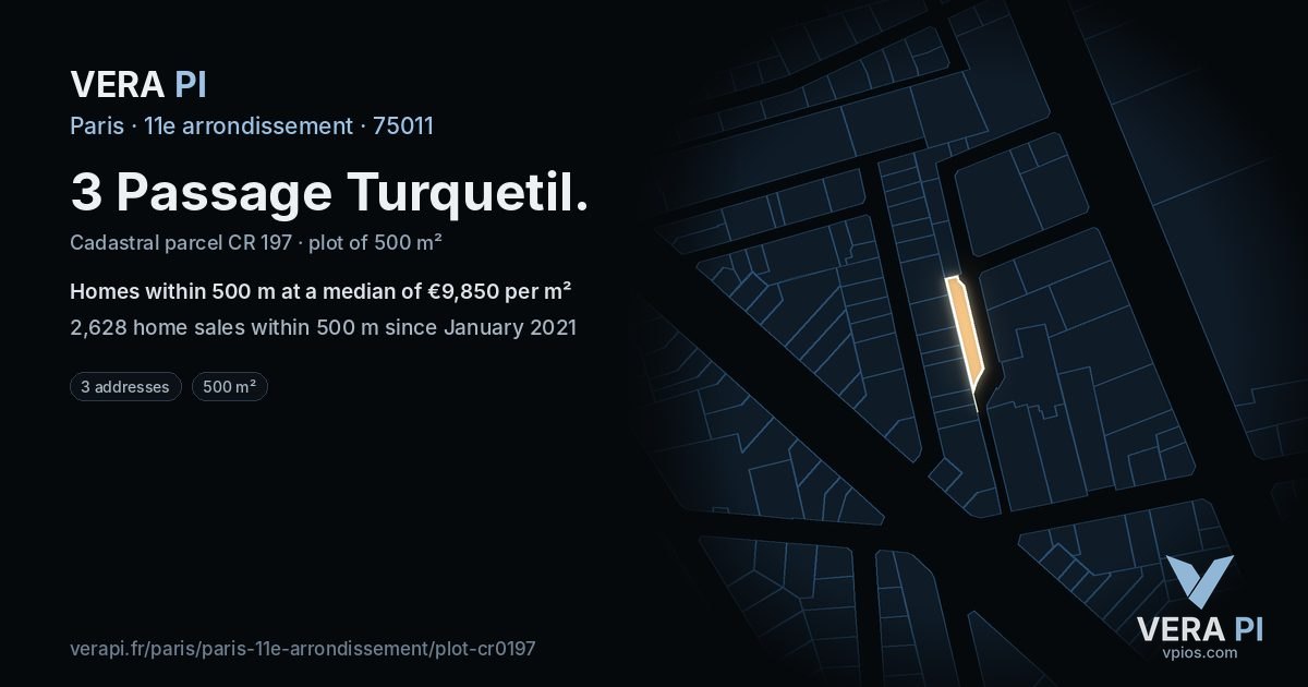 3 Passage Turquetil, 11e arrondissement at night – the plot lit, the parcels around coloured by the prices near them
