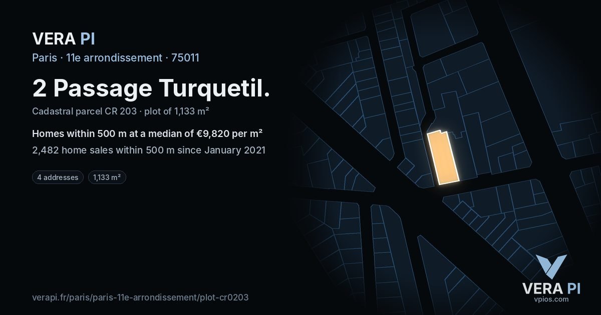 2 Passage Turquetil, 11e arrondissement at night – the plot lit, the parcels around coloured by the prices near them