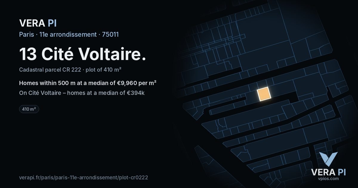 13 Cité Voltaire, 11e arrondissement at night – the plot lit, the parcels around coloured by the prices near them