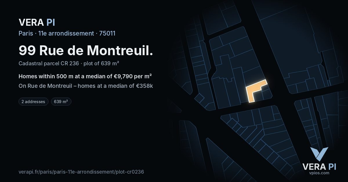 99 Rue de Montreuil, 11e arrondissement at night – the plot lit, the parcels around coloured by the prices near them