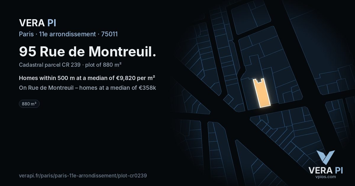 95 Rue de Montreuil, 11e arrondissement at night – the plot lit, the parcels around coloured by the prices near them
