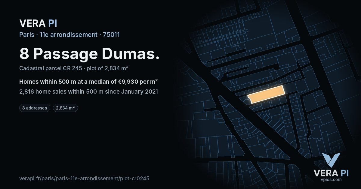 8 Passage Dumas, 11e arrondissement at night – the plot lit, the parcels around coloured by the prices near them