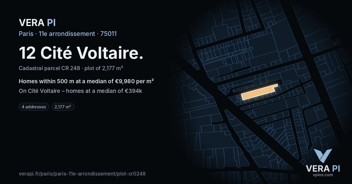 12 Cité Voltaire, 11e arrondissement at night – the plot lit, the parcels around coloured by the prices near them