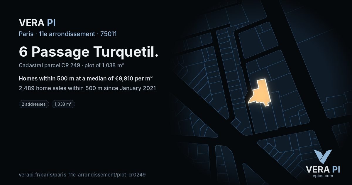 6 Passage Turquetil, 11e arrondissement at night – the plot lit, the parcels around coloured by the prices near them
