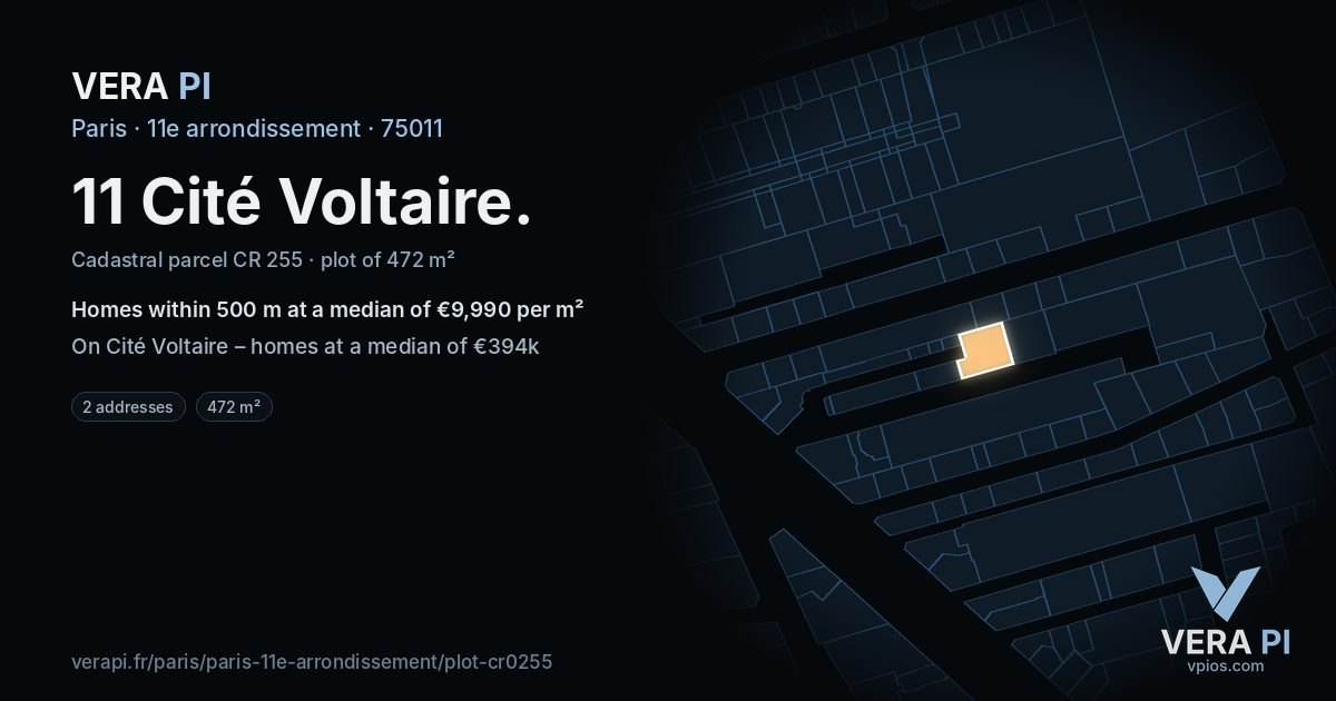 11 Cité Voltaire, 11e arrondissement at night – the plot lit, the parcels around coloured by the prices near them