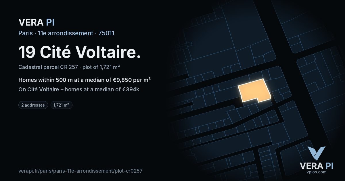 19 Cité Voltaire, 11e arrondissement at night – the plot lit, the parcels around coloured by the prices near them