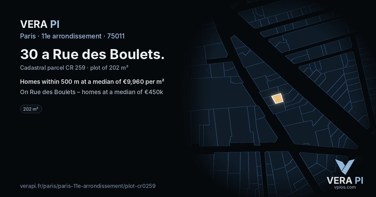30 a Rue des Boulets, 11e arrondissement at night – the plot lit, the parcels around coloured by the prices near them