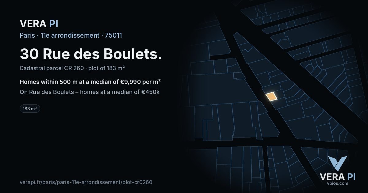 30 Rue des Boulets, 11e arrondissement at night – the plot lit, the parcels around coloured by the prices near them