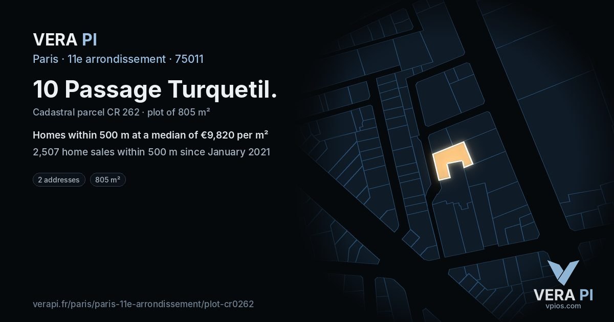 10 Passage Turquetil, 11e arrondissement at night – the plot lit, the parcels around coloured by the prices near them