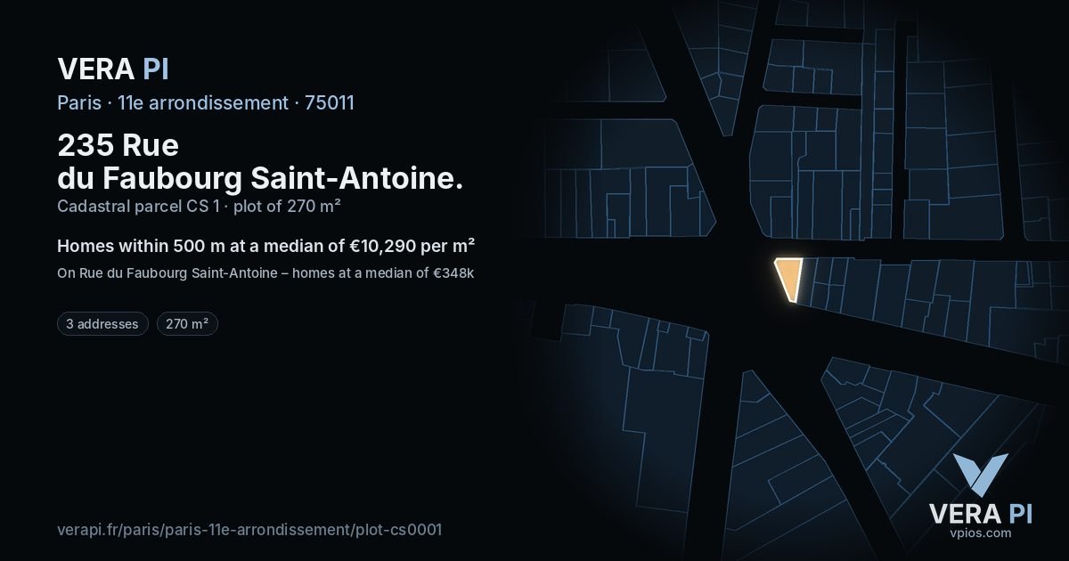 235 Rue du Faubourg Saint-Antoine, 11e arrondissement at night – the plot lit, the parcels around coloured by the prices near them
