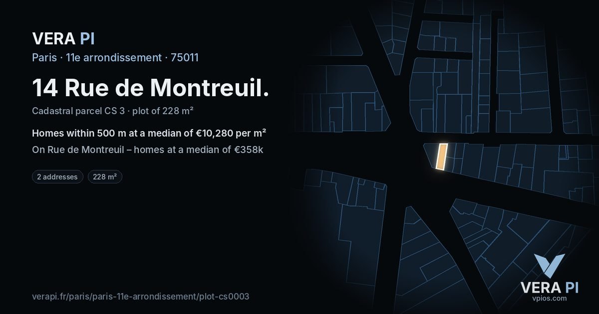 14 Rue de Montreuil, 11e arrondissement at night – the plot lit, the parcels around coloured by the prices near them