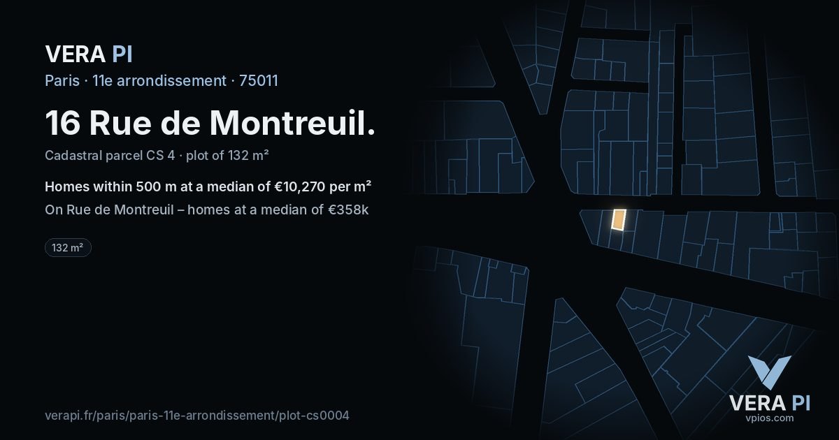 16 Rue de Montreuil, 11e arrondissement at night – the plot lit, the parcels around coloured by the prices near them