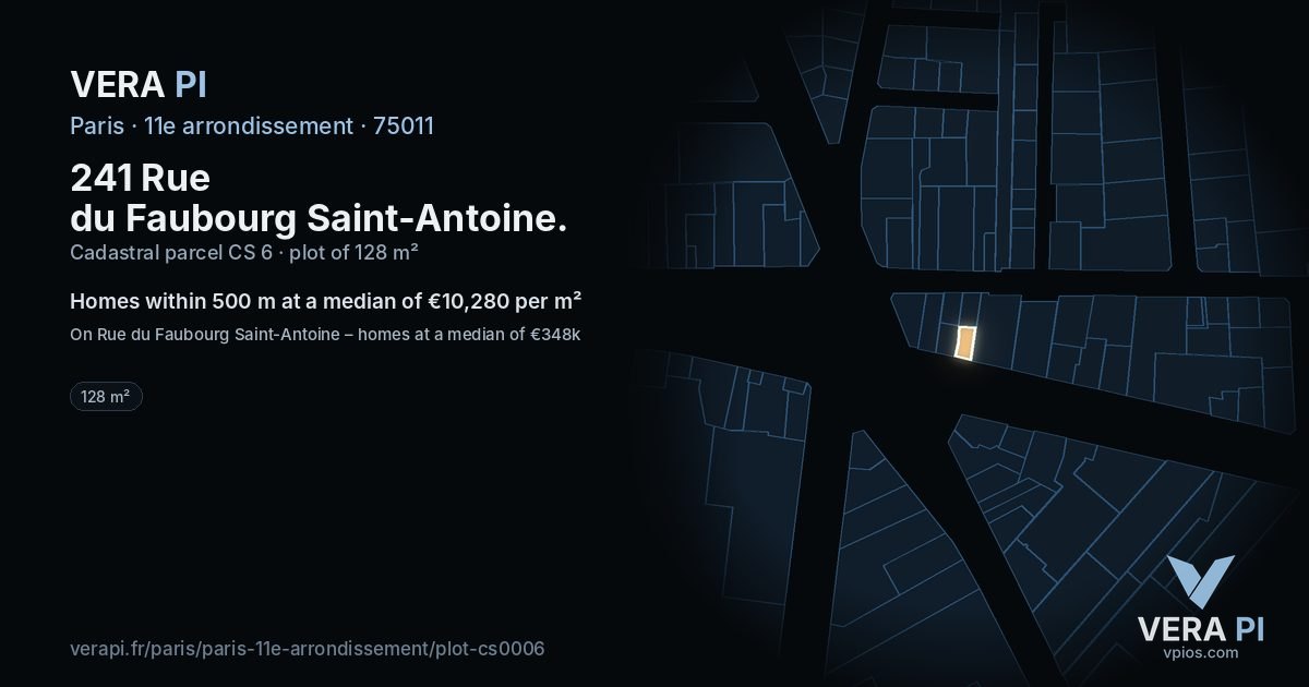 241 Rue du Faubourg Saint-Antoine, 11e arrondissement at night – the plot lit, the parcels around coloured by the prices near them