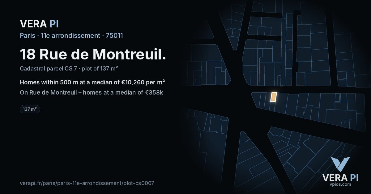 18 Rue de Montreuil, 11e arrondissement at night – the plot lit, the parcels around coloured by the prices near them