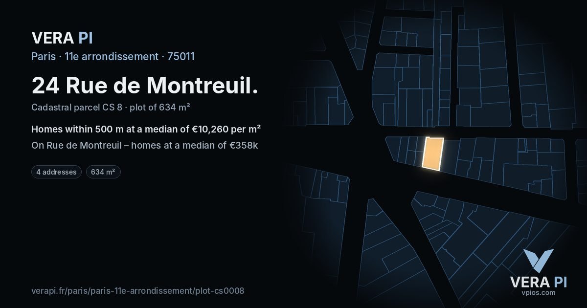 24 Rue de Montreuil, 11e arrondissement at night – the plot lit, the parcels around coloured by the prices near them