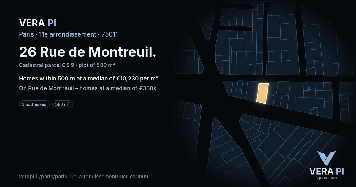 26 Rue de Montreuil, 11e arrondissement at night – the plot lit, the parcels around coloured by the prices near them