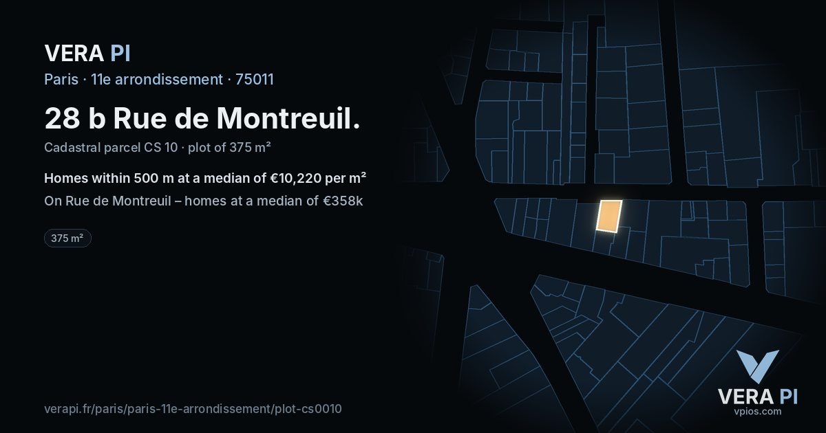 28 b Rue de Montreuil, 11e arrondissement at night – the plot lit, the parcels around coloured by the prices near them