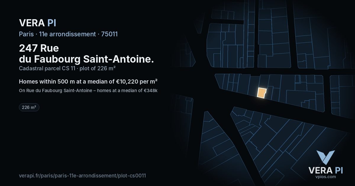 247 Rue du Faubourg Saint-Antoine, 11e arrondissement at night – the plot lit, the parcels around coloured by the prices near them
