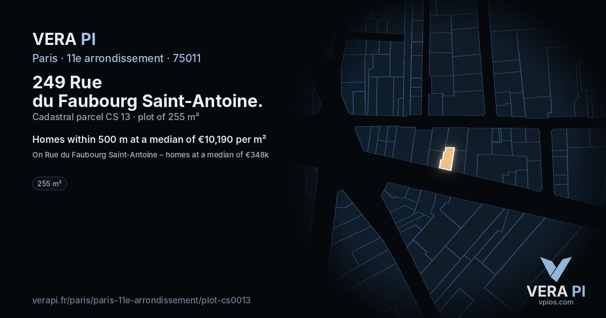 249 Rue du Faubourg Saint-Antoine, 11e arrondissement at night – the plot lit, the parcels around coloured by the prices near them