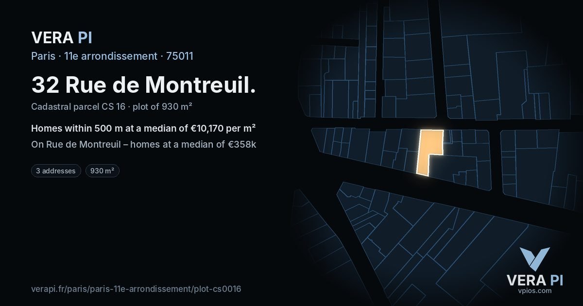 32 Rue de Montreuil, 11e arrondissement at night – the plot lit, the parcels around coloured by the prices near them