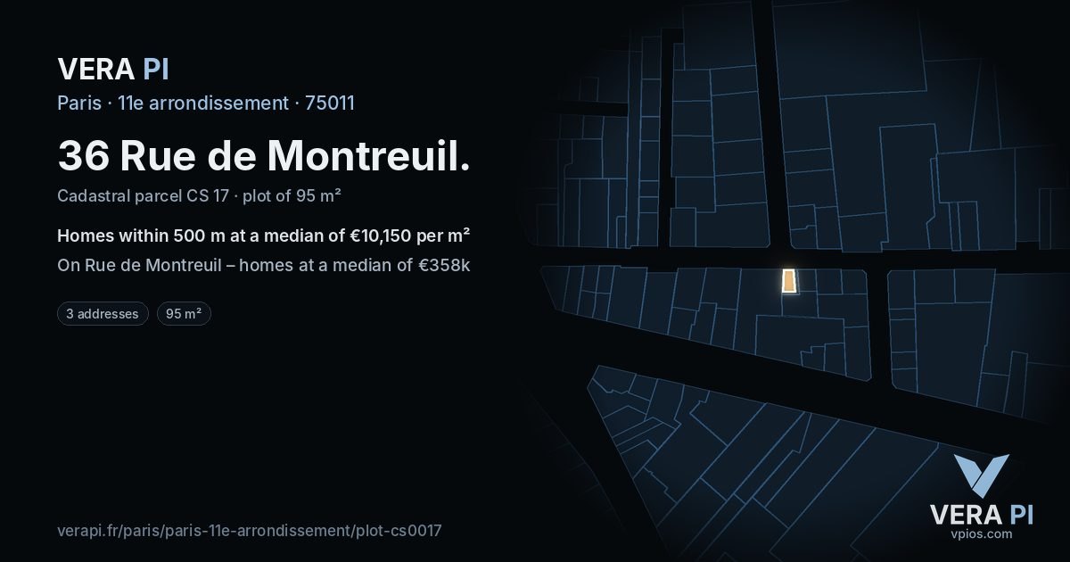 36 Rue de Montreuil, 11e arrondissement at night – the plot lit, the parcels around coloured by the prices near them