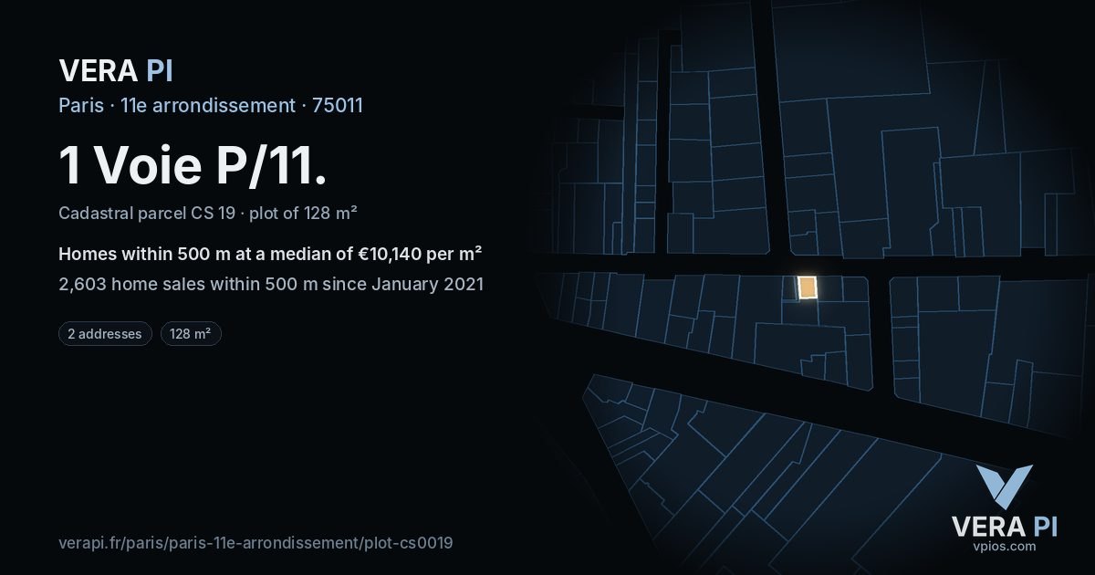 1 Voie P/11, 11e arrondissement at night – the plot lit, the parcels around coloured by the prices near them