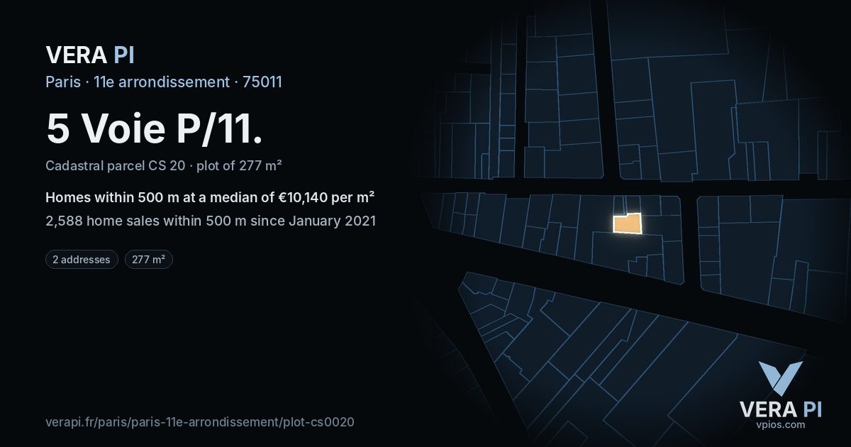5 Voie P/11, 11e arrondissement at night – the plot lit, the parcels around coloured by the prices near them