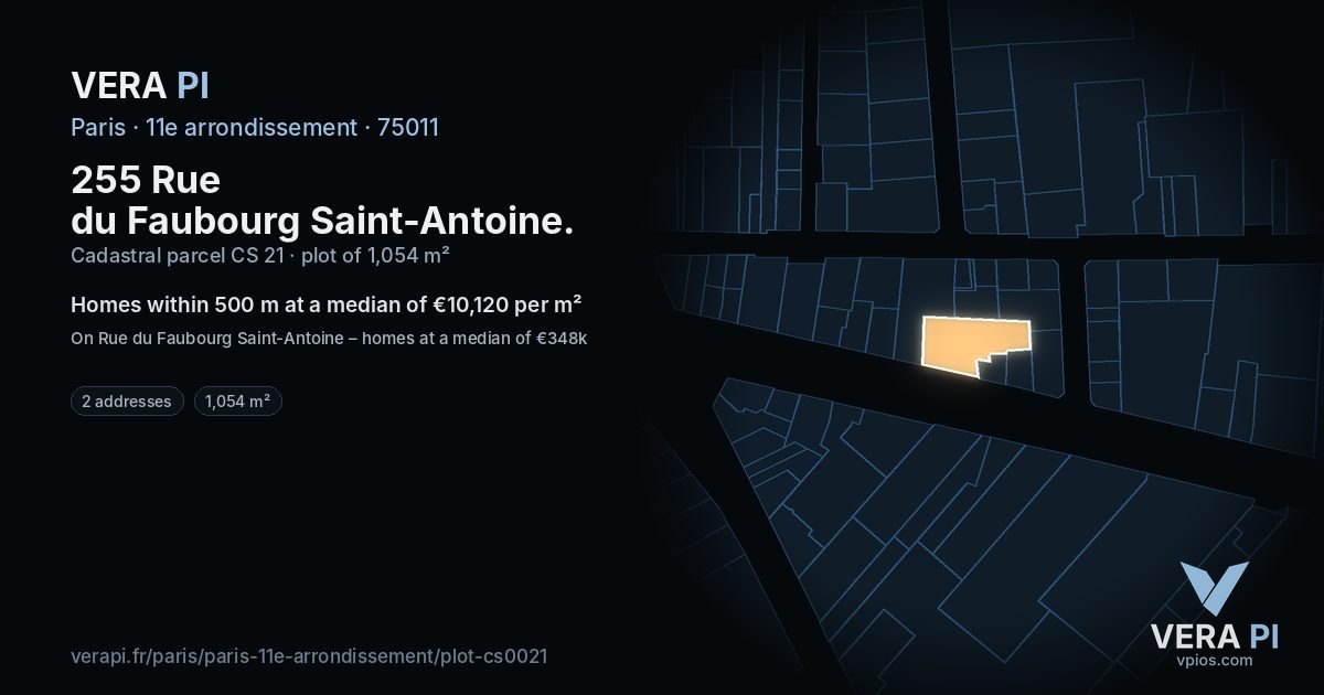 255 Rue du Faubourg Saint-Antoine, 11e arrondissement at night – the plot lit, the parcels around coloured by the prices near them