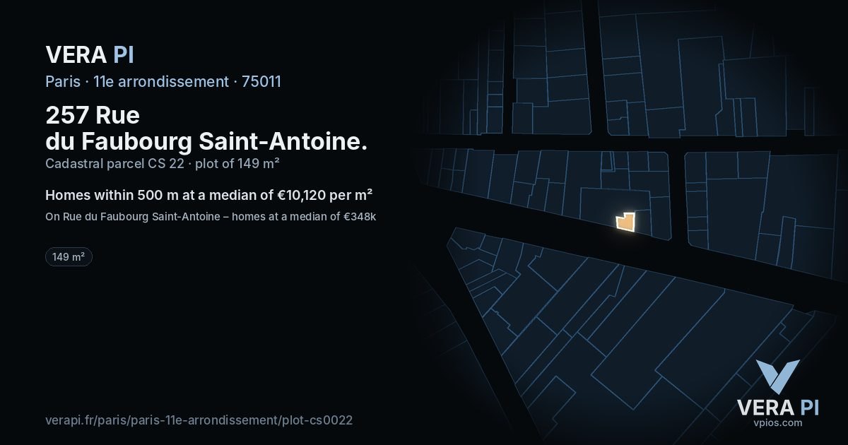 257 Rue du Faubourg Saint-Antoine, 11e arrondissement at night – the plot lit, the parcels around coloured by the prices near them