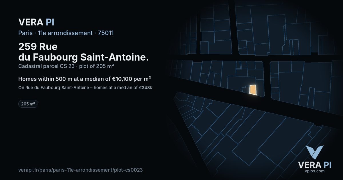 259 Rue du Faubourg Saint-Antoine, 11e arrondissement at night – the plot lit, the parcels around coloured by the prices near them