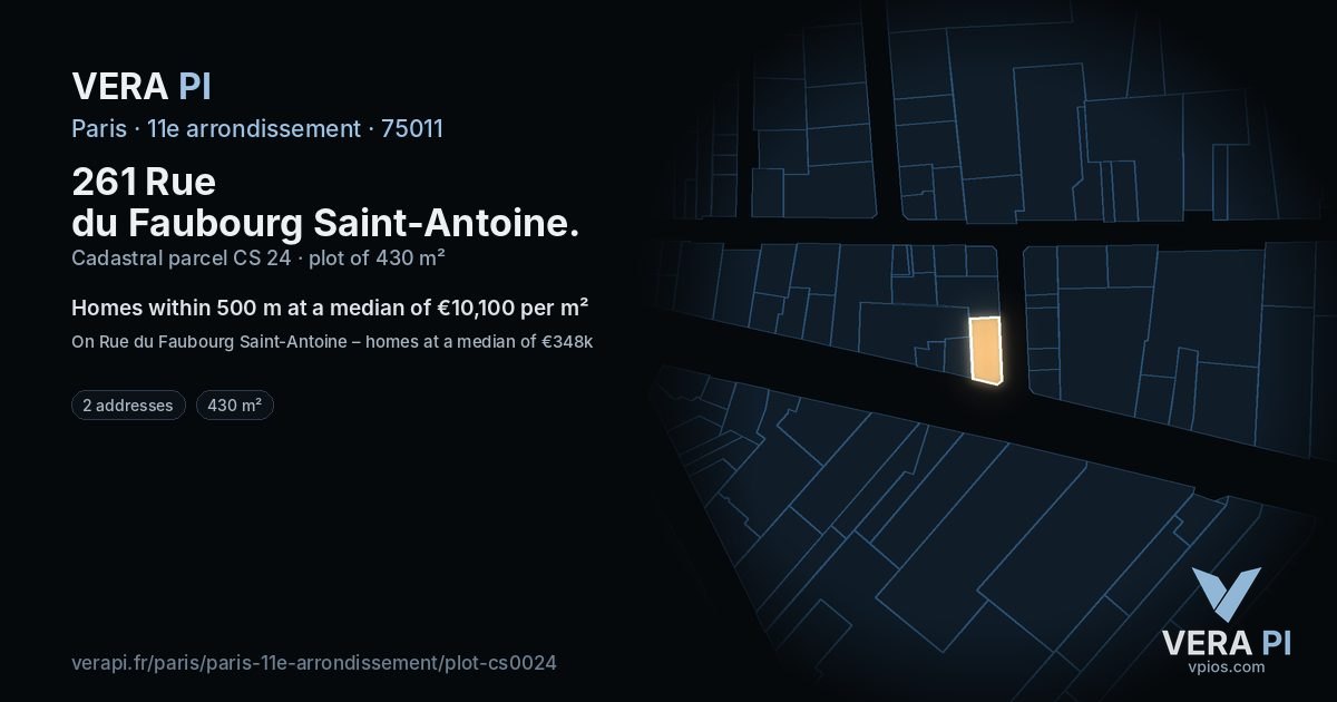 261 Rue du Faubourg Saint-Antoine, 11e arrondissement at night – the plot lit, the parcels around coloured by the prices near them