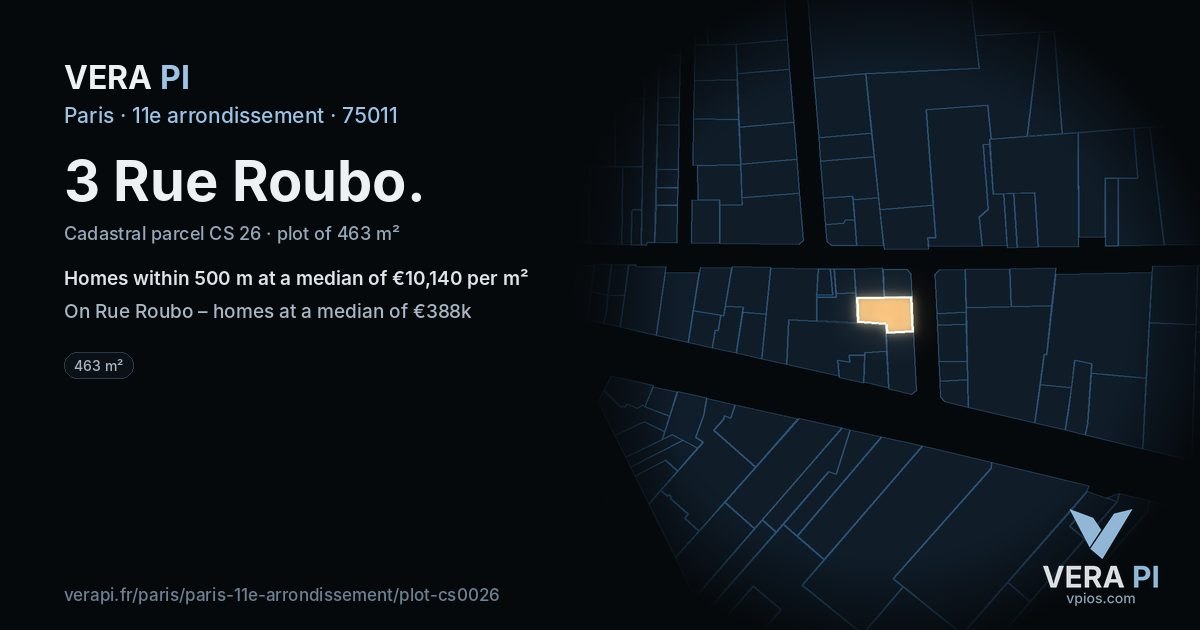 3 Rue Roubo, 11e arrondissement at night – the plot lit, the parcels around coloured by the prices near them