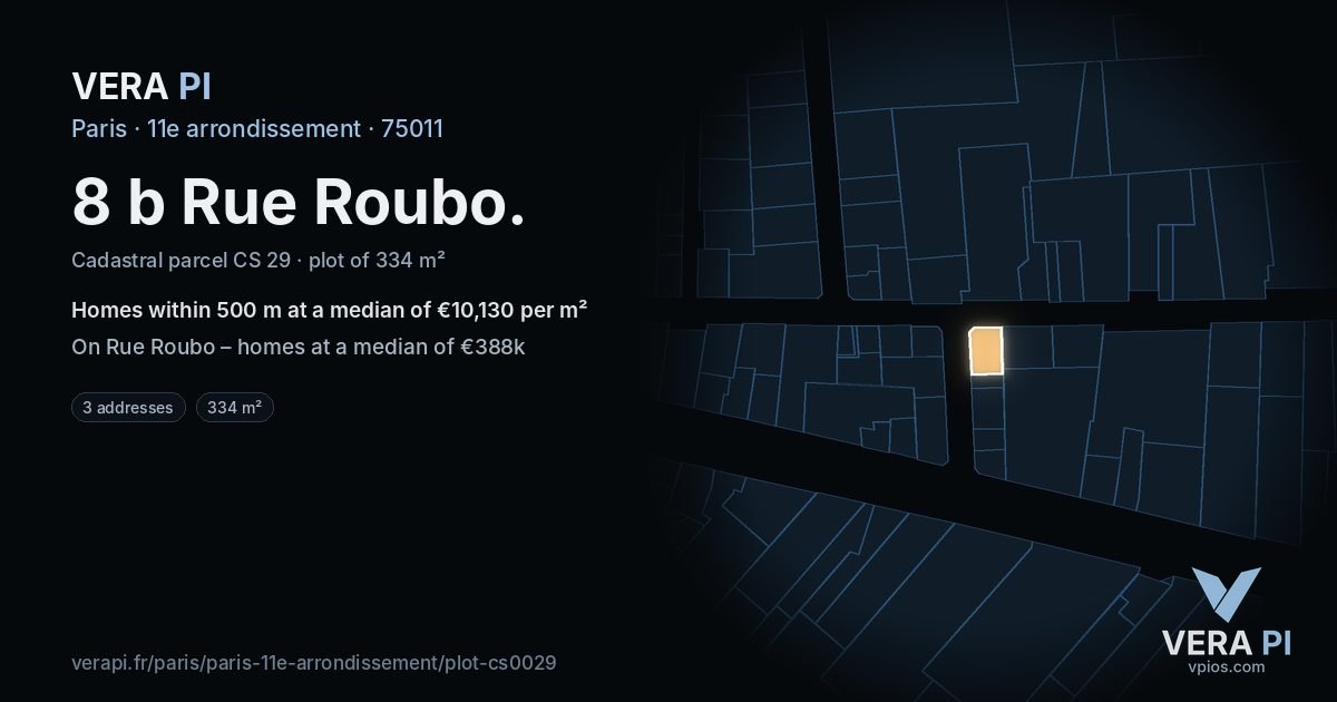 8 b Rue Roubo, 11e arrondissement at night – the plot lit, the parcels around coloured by the prices near them