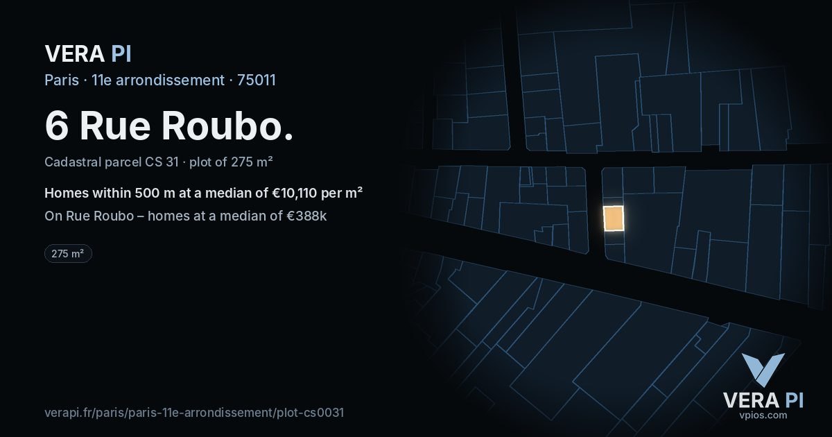 6 Rue Roubo, 11e arrondissement at night – the plot lit, the parcels around coloured by the prices near them