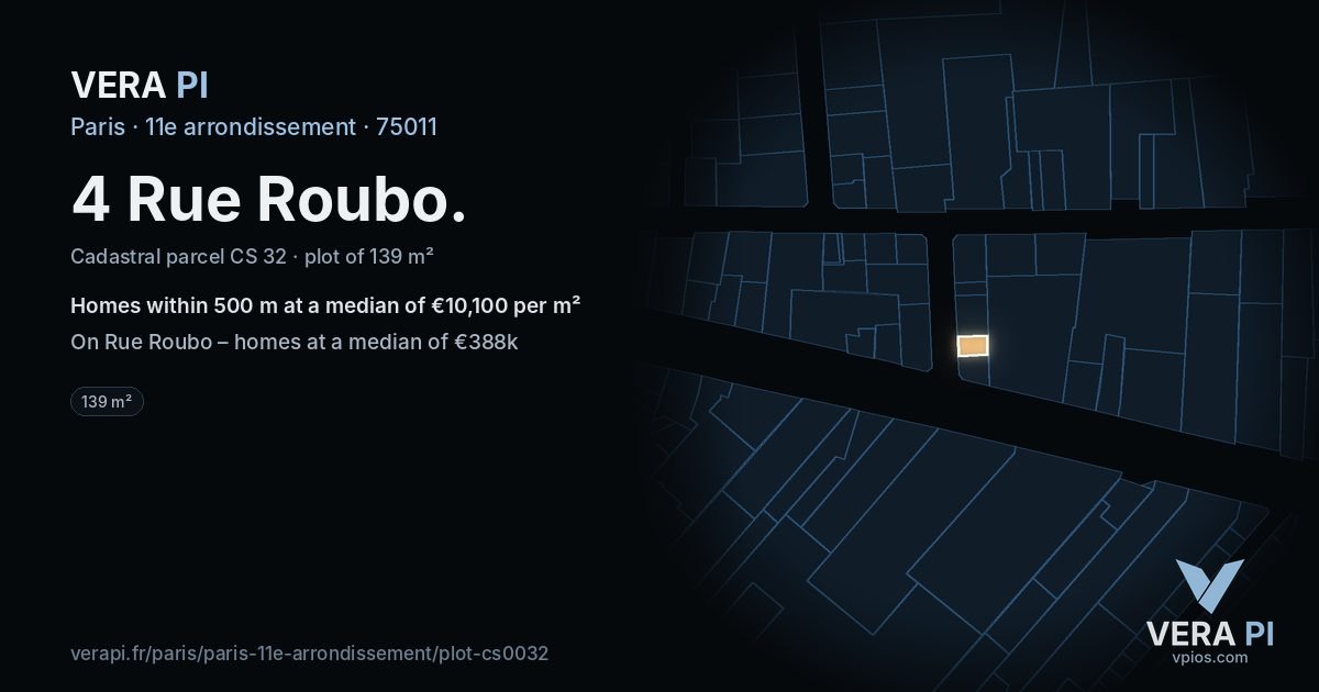 4 Rue Roubo, 11e arrondissement at night – the plot lit, the parcels around coloured by the prices near them