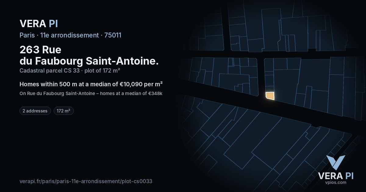 263 Rue du Faubourg Saint-Antoine, 11e arrondissement at night – the plot lit, the parcels around coloured by the prices near them