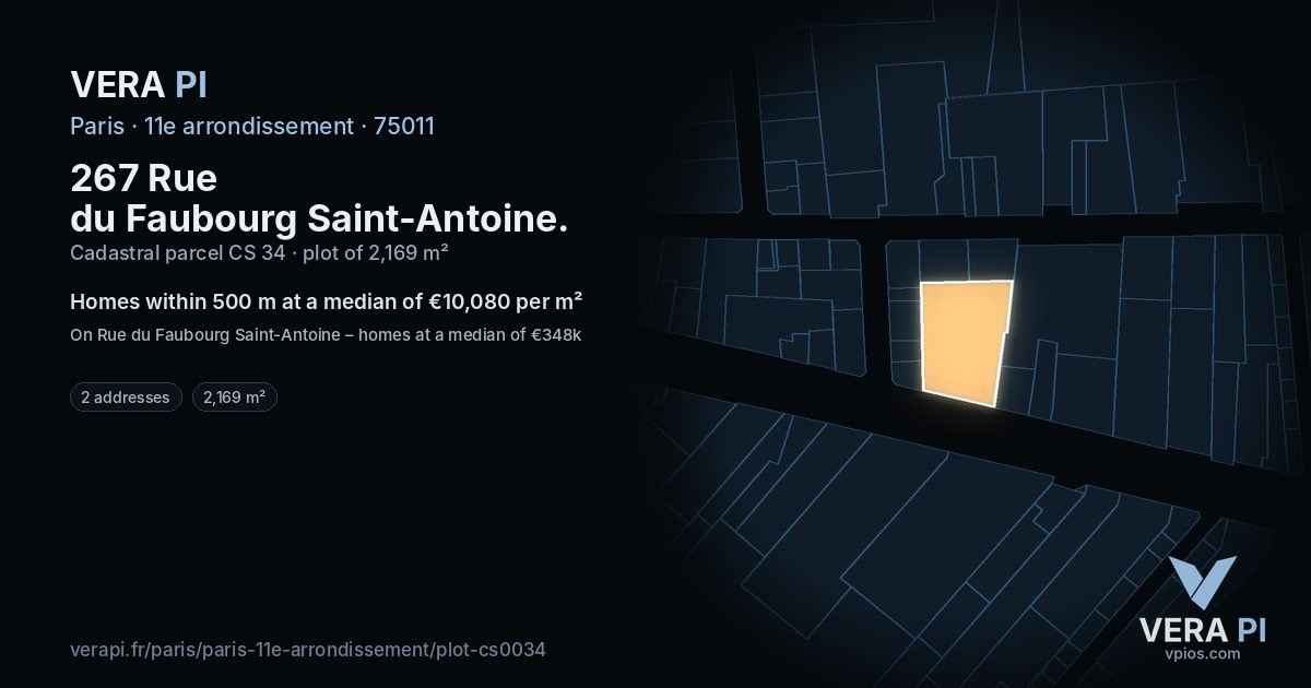 267 Rue du Faubourg Saint-Antoine, 11e arrondissement at night – the plot lit, the parcels around coloured by the prices near them