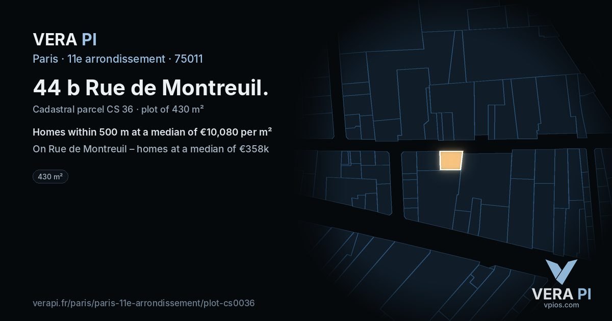 44 b Rue de Montreuil, 11e arrondissement at night – the plot lit, the parcels around coloured by the prices near them