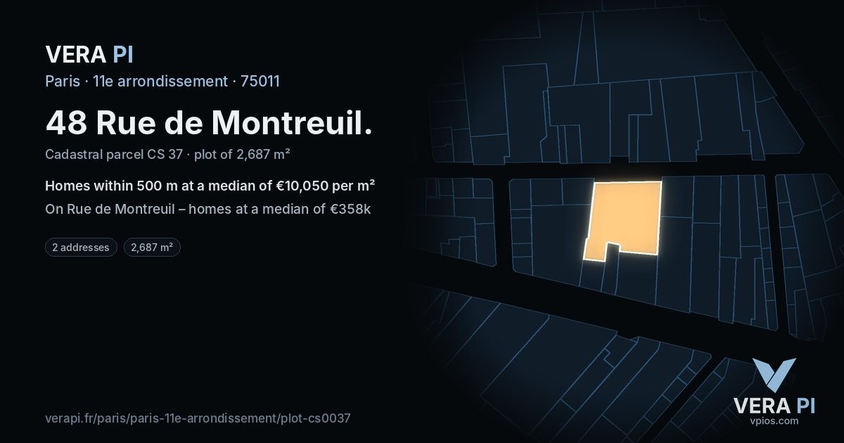 48 Rue de Montreuil, 11e arrondissement at night – the plot lit, the parcels around coloured by the prices near them