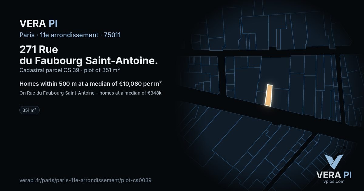 271 Rue du Faubourg Saint-Antoine, 11e arrondissement at night – the plot lit, the parcels around coloured by the prices near them