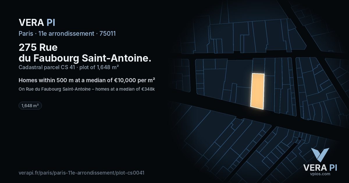 275 Rue du Faubourg Saint-Antoine, 11e arrondissement at night – the plot lit, the parcels around coloured by the prices near them