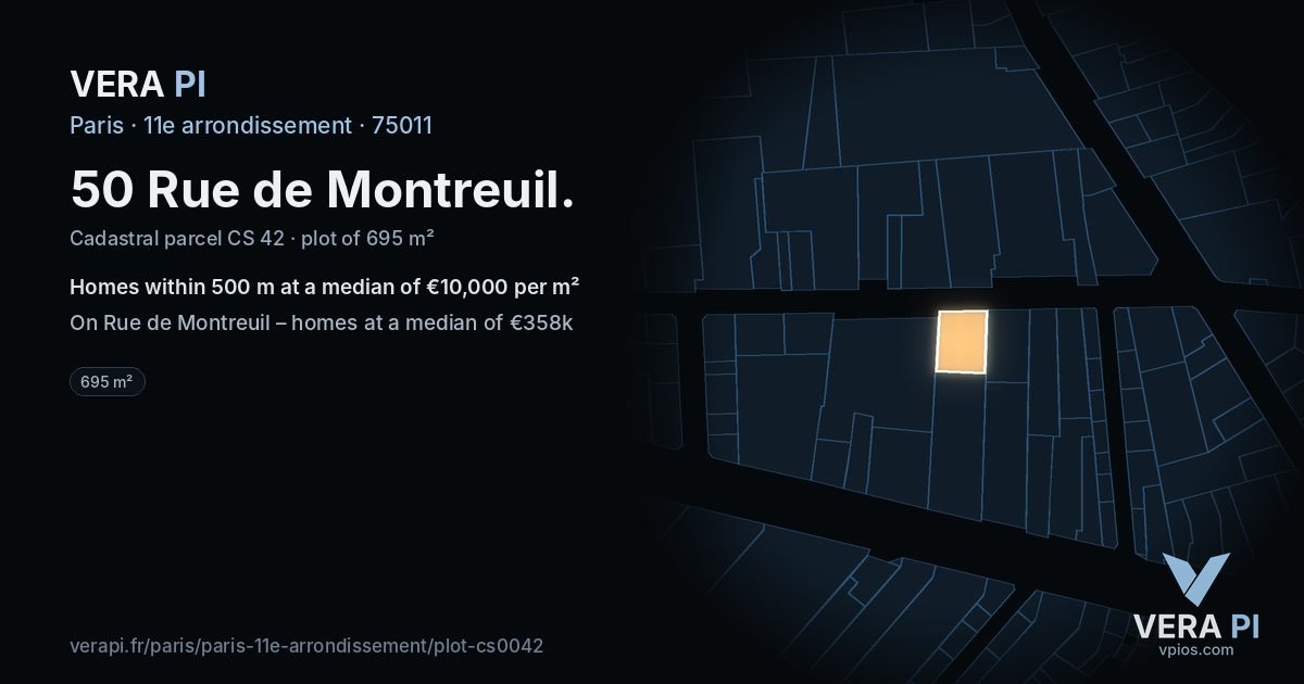 50 Rue de Montreuil, 11e arrondissement at night – the plot lit, the parcels around coloured by the prices near them