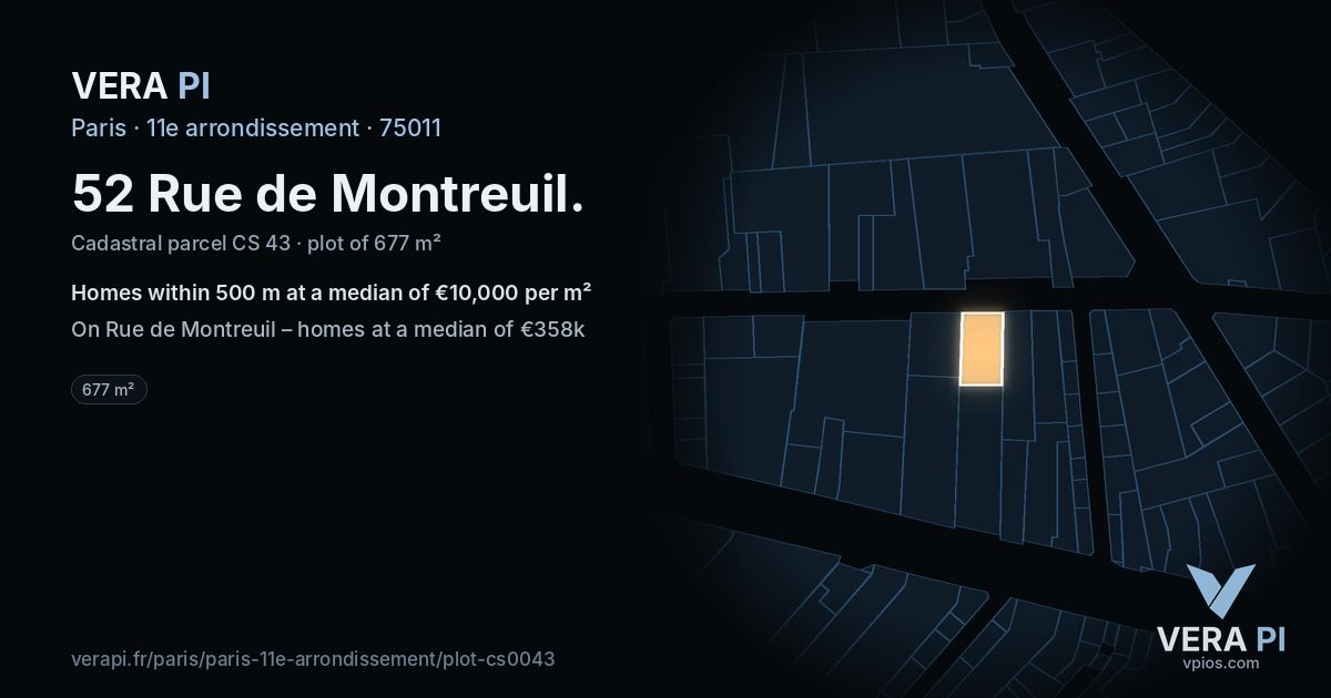 52 Rue de Montreuil, 11e arrondissement at night – the plot lit, the parcels around coloured by the prices near them