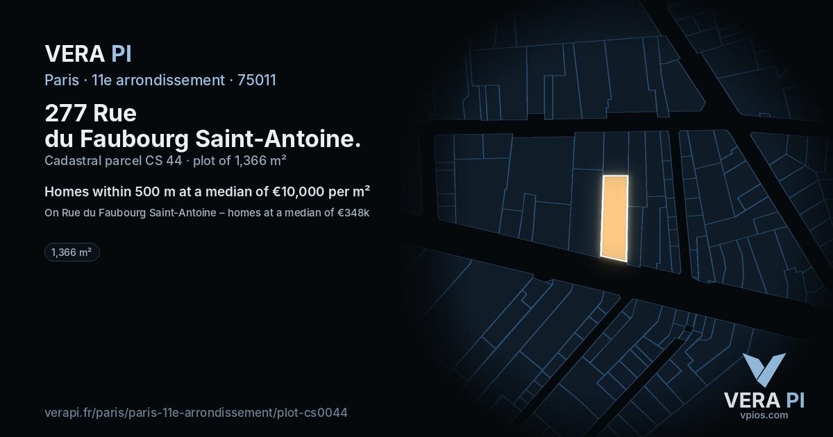 277 Rue du Faubourg Saint-Antoine, 11e arrondissement at night – the plot lit, the parcels around coloured by the prices near them