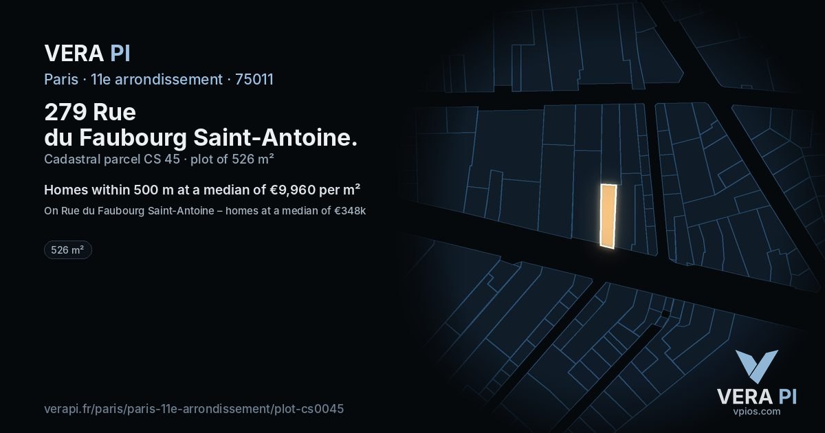 279 Rue du Faubourg Saint-Antoine, 11e arrondissement at night – the plot lit, the parcels around coloured by the prices near them