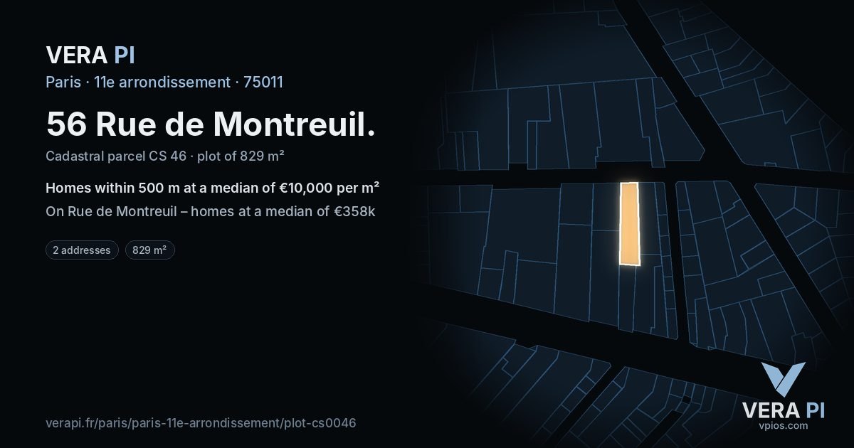 56 Rue de Montreuil, 11e arrondissement at night – the plot lit, the parcels around coloured by the prices near them