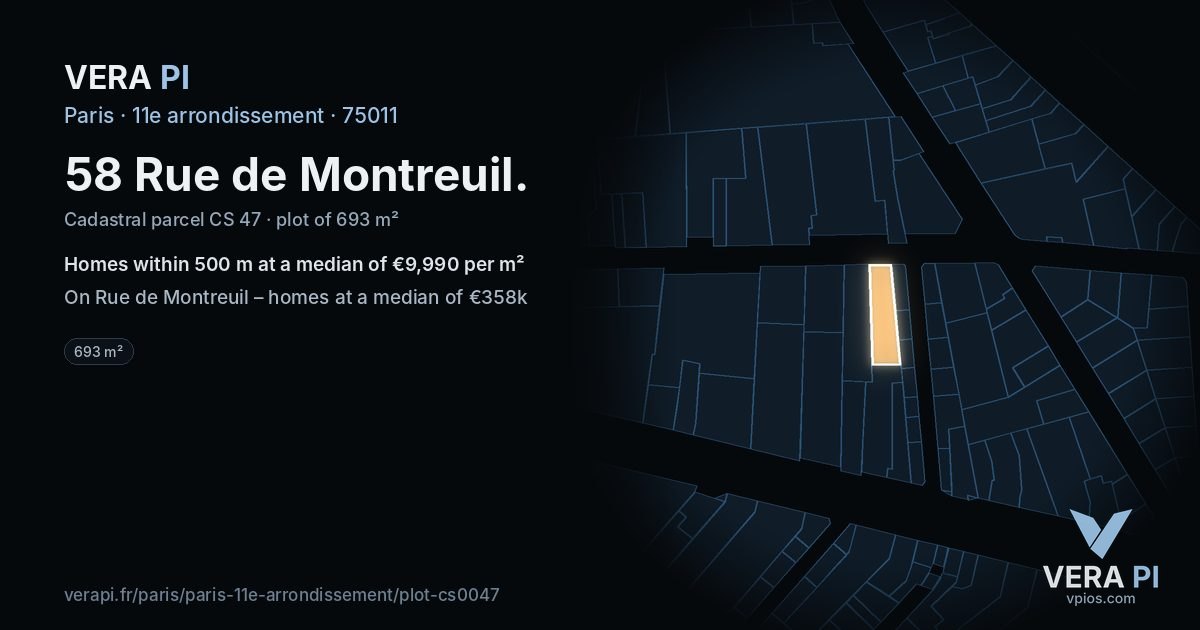 58 Rue de Montreuil, 11e arrondissement at night – the plot lit, the parcels around coloured by the prices near them