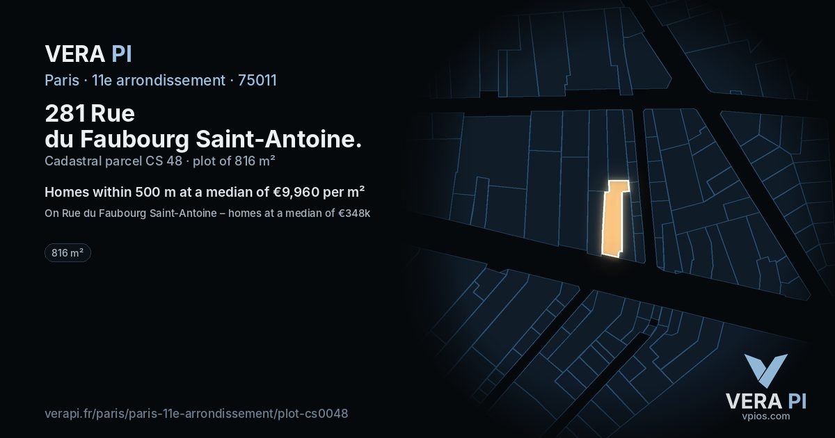 281 Rue du Faubourg Saint-Antoine, 11e arrondissement at night – the plot lit, the parcels around coloured by the prices near them