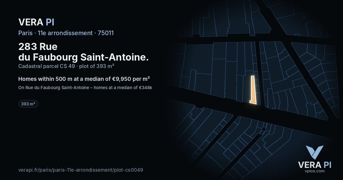 283 Rue du Faubourg Saint-Antoine, 11e arrondissement at night – the plot lit, the parcels around coloured by the prices near them