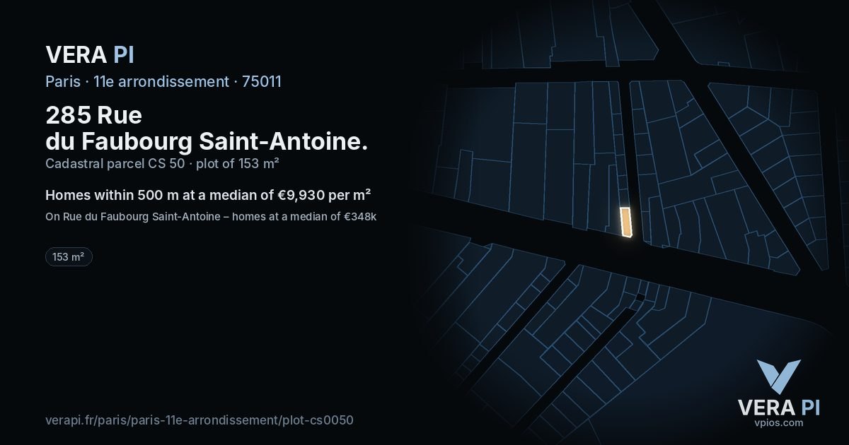 285 Rue du Faubourg Saint-Antoine, 11e arrondissement at night – the plot lit, the parcels around coloured by the prices near them